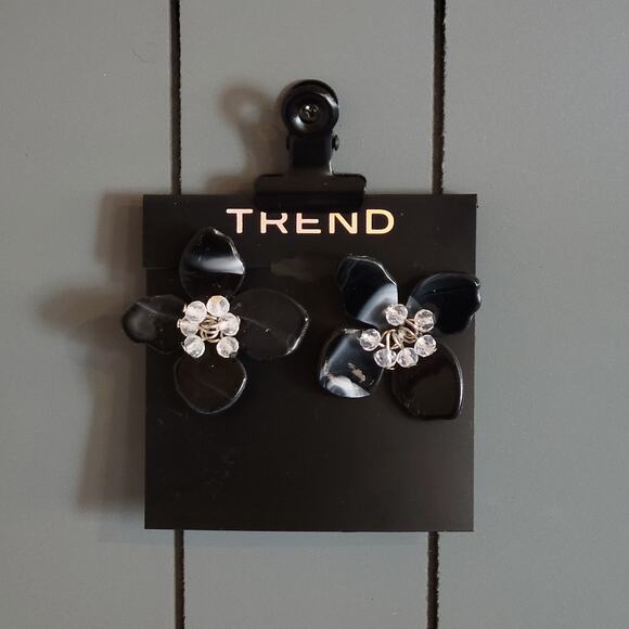 Trend Black Floral Statement Earrings with Clear Crystal Accents New on Card - Picture 4 of 5